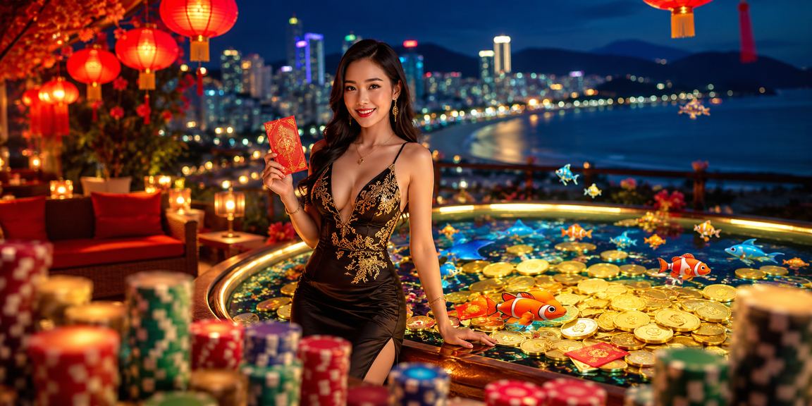 Không khí lễ hội Nha Trang với đèn lồng và phong bao đỏ thưởng khuyến mãi trực tuyến